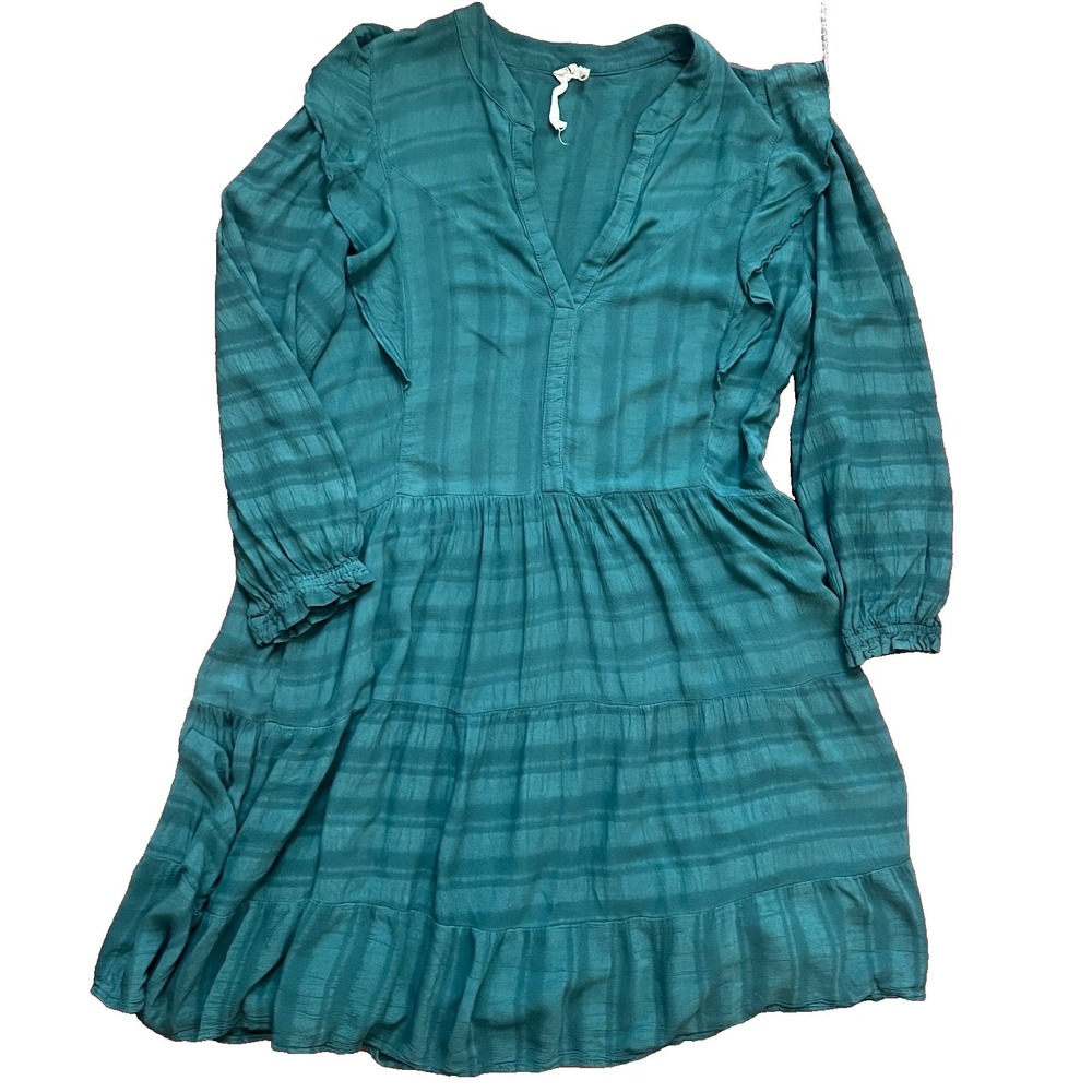 AMADI Rossi Ruffled Tunic Women Size‎ L Teal Green 3/4 Sleeve Tiered Mini Dress